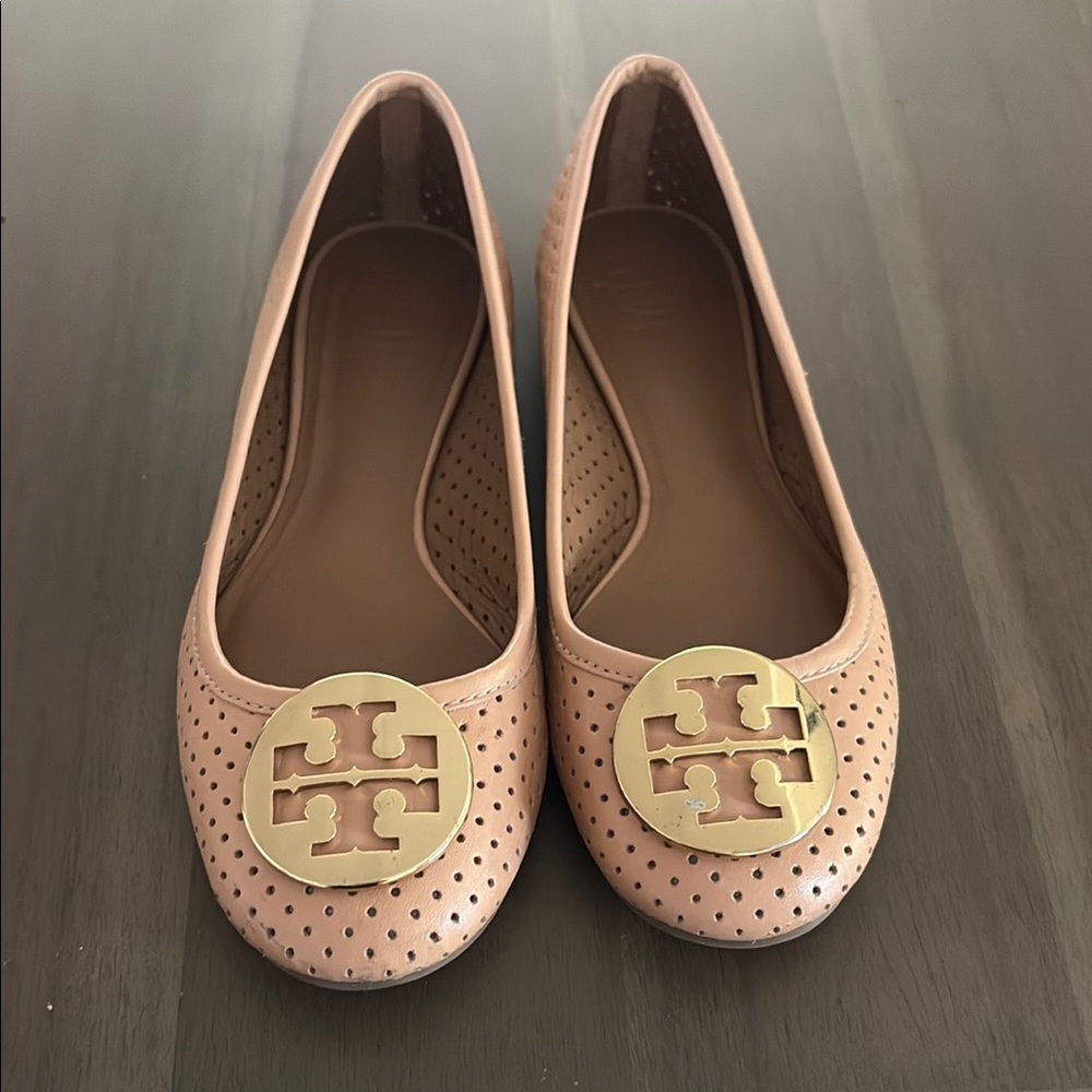 Tory Burch Tan Perforated Flats with Gold Logo